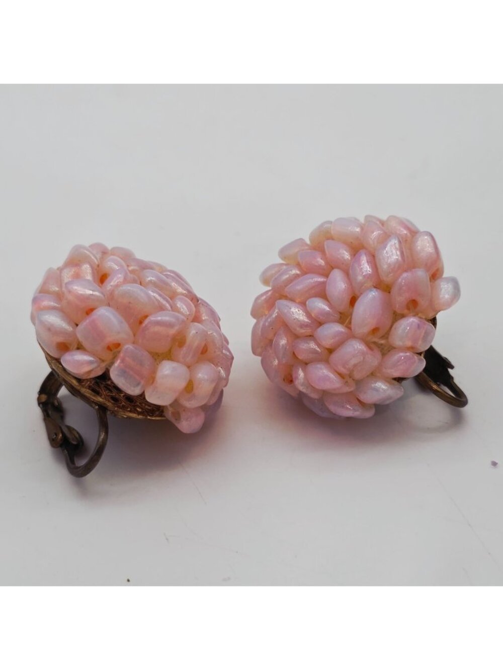 Vintage Pink Glass Bead Clip-On Earrings With Gold-Tone Filigree Base 1"